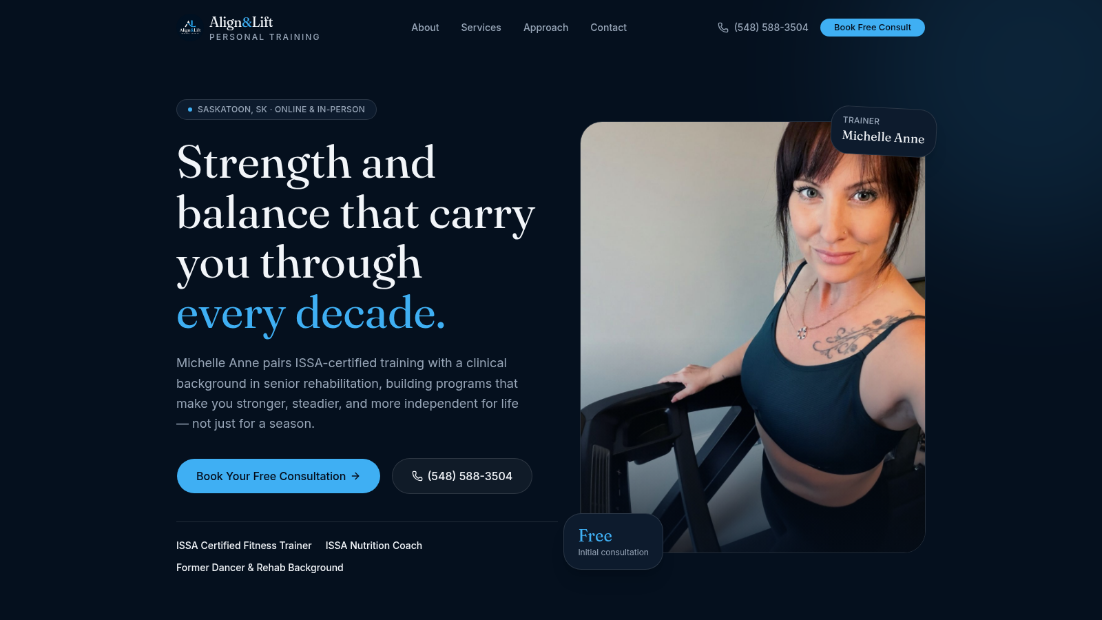 Align & Lift homepage with trainer Michelle Anne and the headline about strength and balance